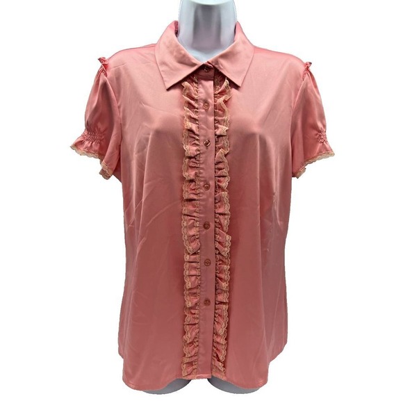 Bob Mackie Top Blouse Satin Feel Ruffle Lace Front Button Barbie Coquette L‎ - Picture 1 of 9